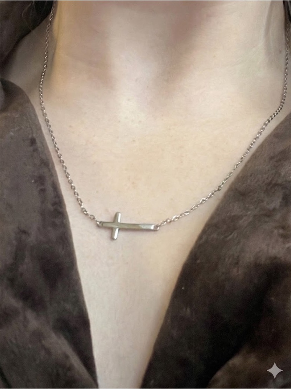 Minimal Silver Cross Necklace on Black Top